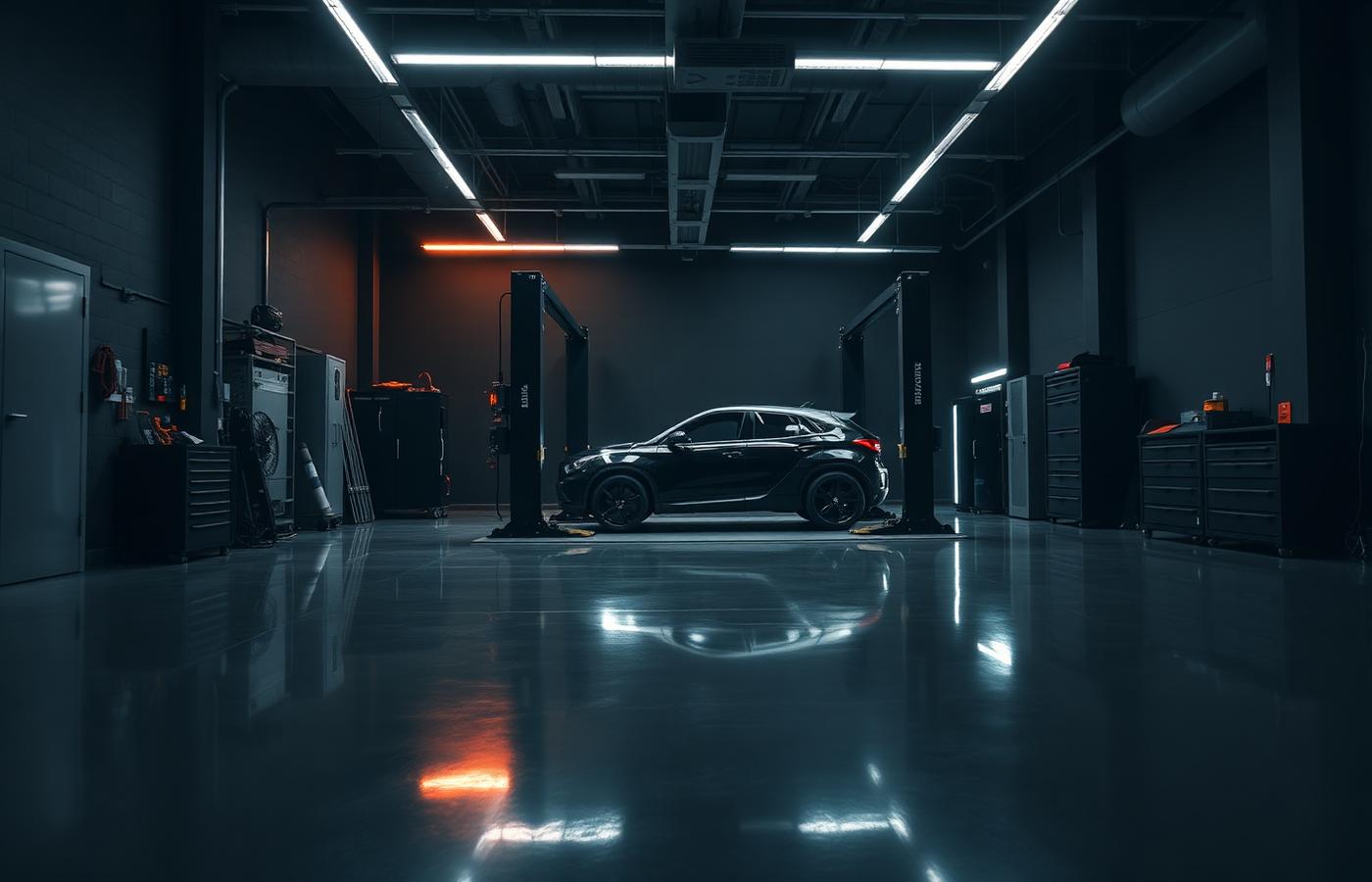 Interior of a clean modern automotive customization shop with a vehicle on a lift