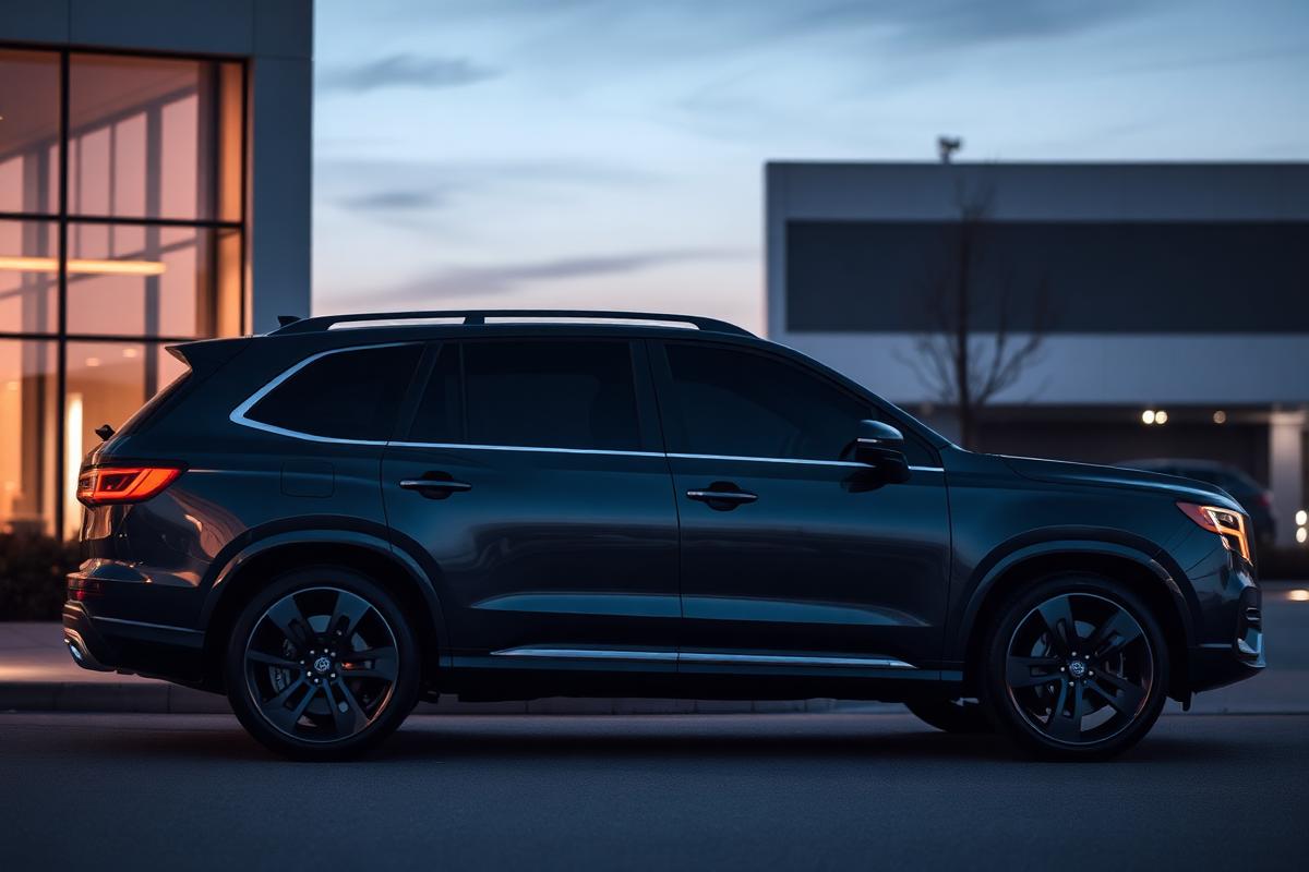 Luxury SUV with full window tint at dusk