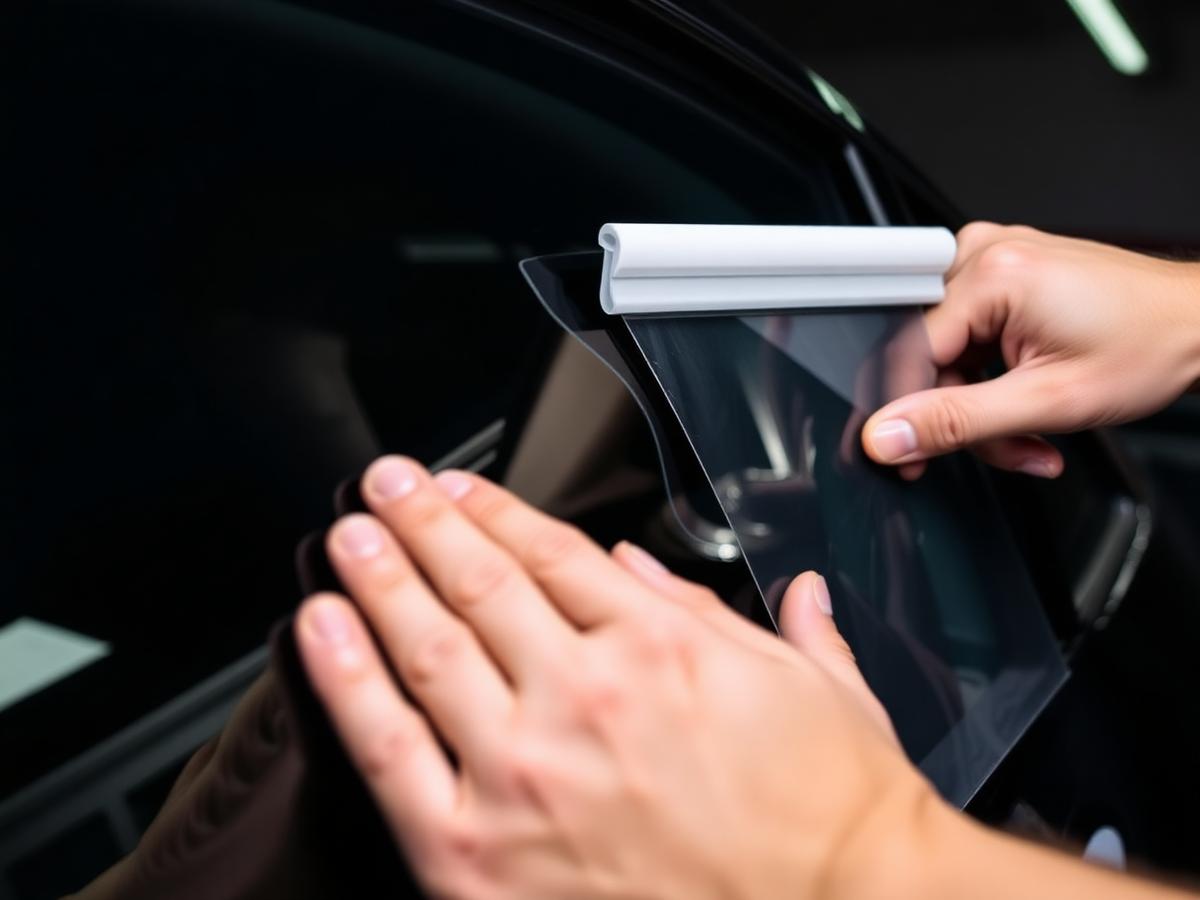 Technician applying window tint film to a car door glass